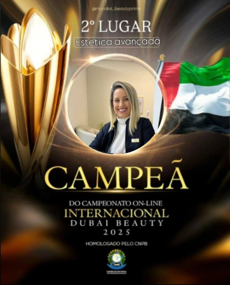 Arte do 2º lugar da Dra. Thayse Pereira em Estética Avançada no campeonato Dubai Beauty 2025